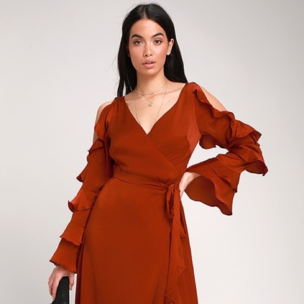 ♨️Lovely As Always Rust Red Satin Wrap Maxi Dress